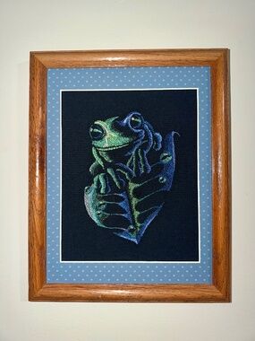 Homemade Frog & Leaf 11X14 Embroidery Art